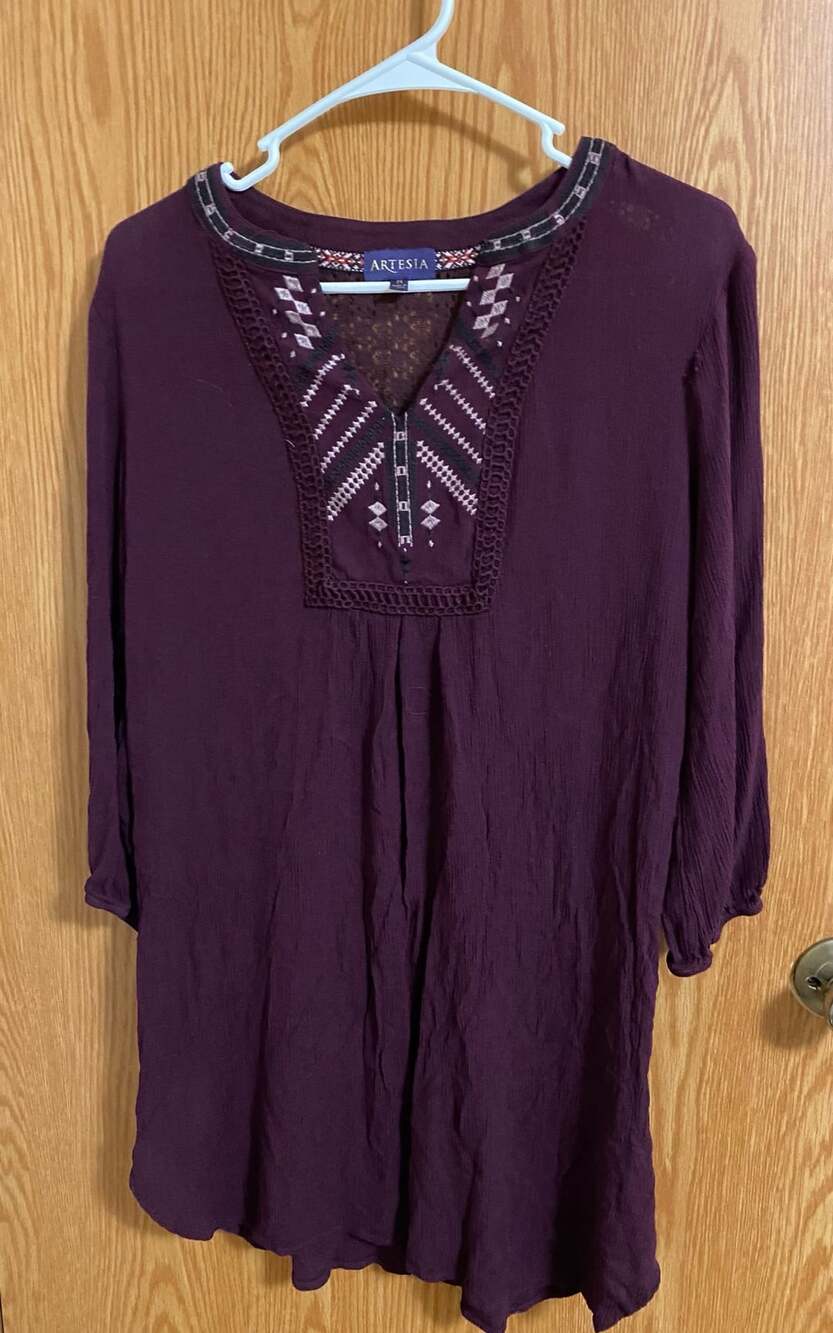 Artesia Women's Purple Embroidered V-Neck Rayon Tunic Top Size M